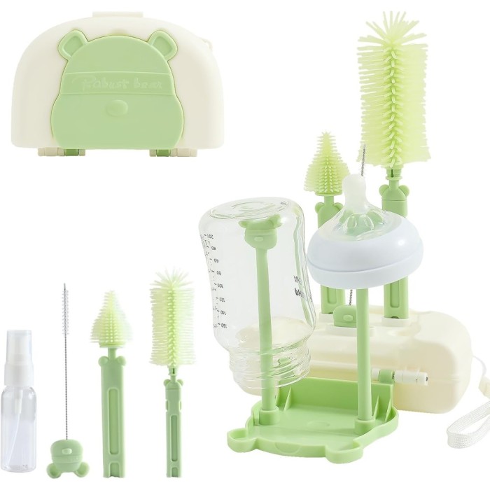 Set 7 Piese de Spalat/Uscat Biberoane, Cyrax, Portabil, Peri de Silicon, pentru Tetine, Suzete, Biberoane, Paie, Cutie Inclusa, 16 x 11 x 5 cm, Model