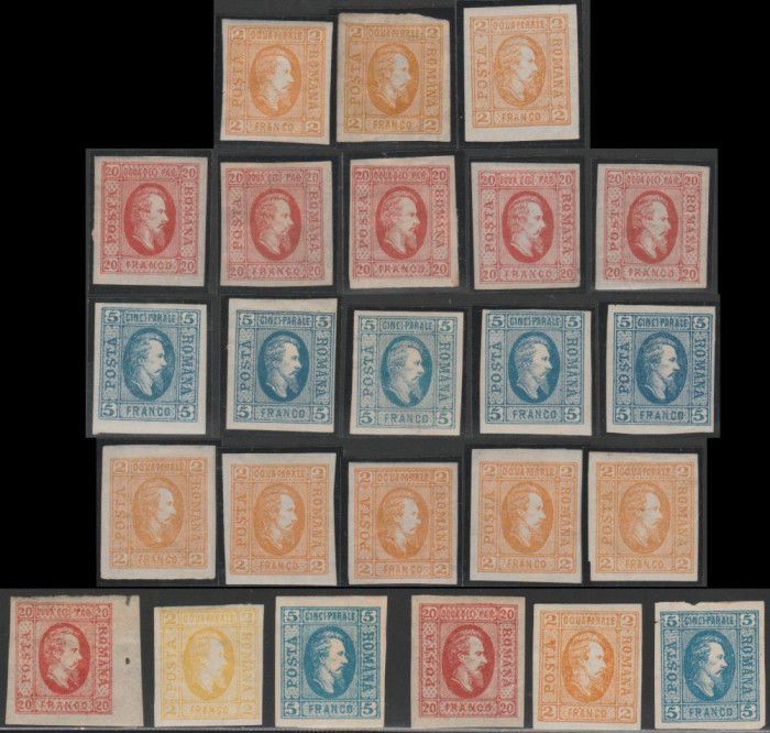 1865 Romania Colectie 24 timbre nestampilate Cuza, varietati