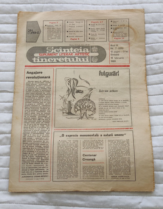 SC&Acirc;NTEIA TINERETULUI - supliment literar-artistic (18 februarie 1989) Nr. 7
