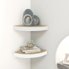 Gossi rafturi perete de colt, 2 buc., stejar si alb, 25x25x3,8cm, mdf