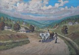 Neagu (?)-Car tras de boi prin satul din deal, pictură pe p&acirc;nză (1953)