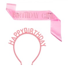 Set De Petrecere, Panglici Party, Panglică Roz și Coronită Păr cu Mărgele, Mesaj Aniversar, 2 Bucăți