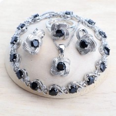 Set bijuterii placate cu argint 925, cu cristale de zirconiu negru-obsidian