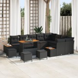 Set de canapea de gradina Gossi de 13 piese cu perne din ratan negru, set de dining de gradina Gossi de 4 piese cu perne din ratan negru