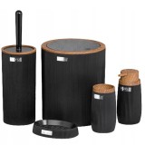 Set de accesorii rotunde pentru baie din plastic, 5 piese, negru cu accesorii din lemn Household NewTrend