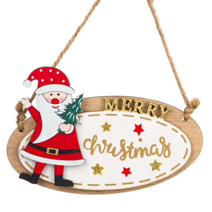 Ornament Brad Crăciun Lemn, Oval, Mesaj Merry Christmas, Moș Crăciun, 13cm, Detalii Glitter, Multicolor