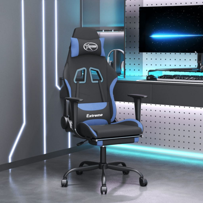 vidaXL Scaun de gaming cu masaj/suport picioare, negru/albastru textil