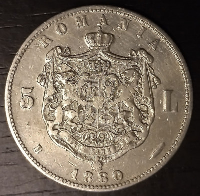 Moneda - Romania - 5 Lei 1880 - Argint - Kullrich pe cerc foto