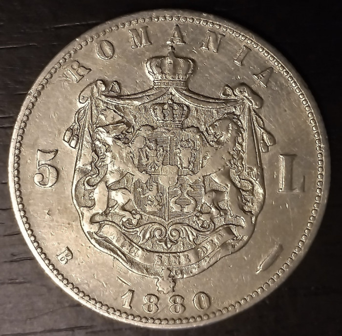 Moneda - Romania - 5 Lei 1880 - Argint - Kullrich pe cerc