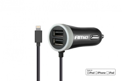 Incarcator auto AMIO 12/24V , cu cablu incarcare conector IOS Lightning + 2x iesiri USB 2.4A foto