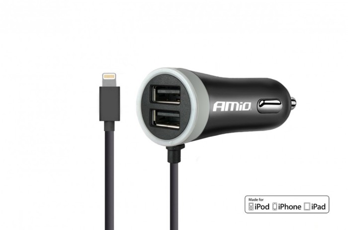 Incarcator auto AMIO 12/24V , cu cablu incarcare conector IOS Lightning + 2x iesiri USB 2.4A