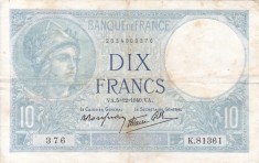 FRANTA 10 francs 5-12-1940 VF+!!!