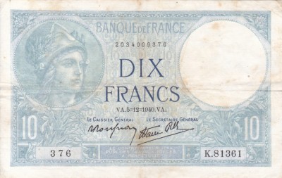 FRANTA 10 francs 5-12-1940 VF+!!! foto