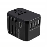 Adaptor Incarcator Convertor Priza Universal de Calatorie cu 4 USB si 2 Qc3.0+PD 30W Type-C ESL, 6000mA Fast Charging, All in One pentru US, UK, EU, A