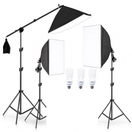 Kit 3 softbox, macara pentru prindere si 3 becuri foto 150W, Negru