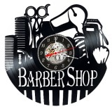 Ceas de perete decorativ realizat din disc de vinil, Model Frizerie Barber Shop cu Uscator, Foarfece, Piepteni si Masina de Tuns, Negru, 30 cm