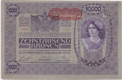 AUSTRIA UNGARIA 10000 COROANE KRONEN 1918 SUPRATIPAR DEUTSCHEOSTEREICH orizontal VF foto