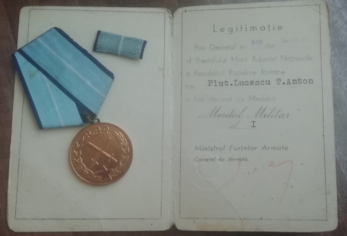 M1 DB - Decoratie cu brevet - Medalia Meritul militar - clasa I-a - RPR
