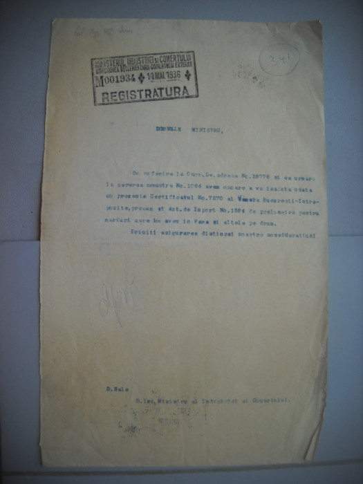 HOPCT DOCUMENT VECHI 341 MINISTERUL INDUSTRIEI COMERT EXTERIOR /BUCURESTI 1936