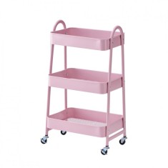 Carucior depozitare cu 3 Rafturi, Metalic, 44x30x78 cm, Roti si Blocator &ndash; Compact, Mobil, Util, Roz