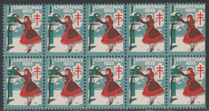 1935 SUA - Bloc de10 vignete de Craciun + Campanie Anti Tuberculoza, TBC