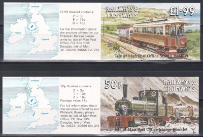 Isle of Man 1988 - Tramvaie și trenuri de epocă, 2 CARNETE (1 X 15 Timbre + 1 x 5 Timbre), MNH foto