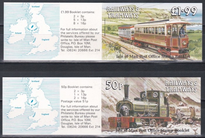 Isle of Man 1988 - Tramvaie și trenuri de epocă, 2 CARNETE (1 X 15 Timbre + 1 x 5 Timbre), MNH
