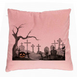 Perna Decorativa cu motiv Cimitir de Halloween, 40x40 cm, Roz, Husa Detasabila, Burduf