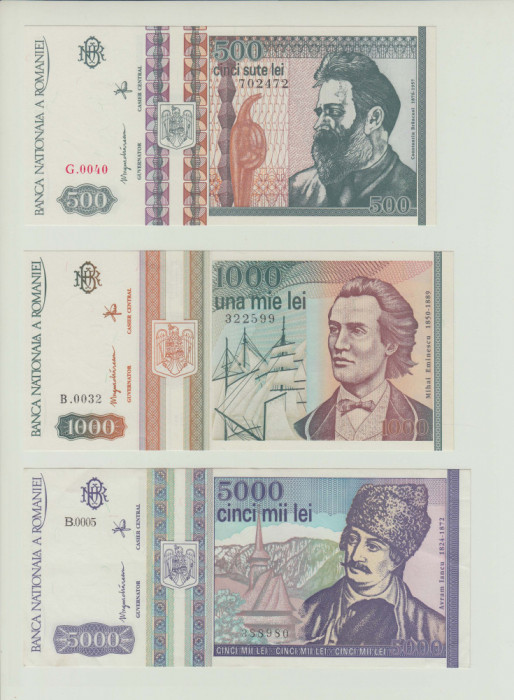 ROMANIA - SET 500 Lei 1992 + 1000 Lei 1993 + 5000 Lei 1993 UNC , B1.146