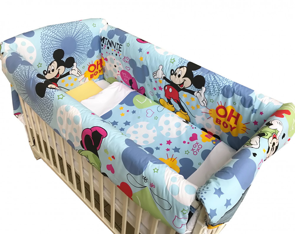Lenjerie de patut bebelusi 120x60 cm cu aparatori Maxi Deseda Mickey Mouse  | Okazii.ro