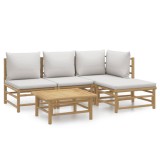 Set mobilier de gradina cu perne gri deschis, 5 piese, bambus