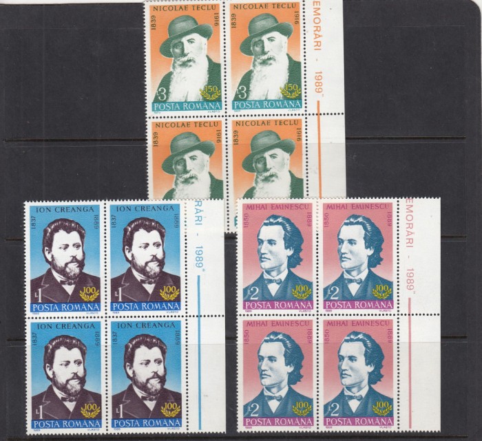 ROMANIA 1989 LP 1222 ANIVERSARI BLOCURI DE 4 TIMBRE MNH