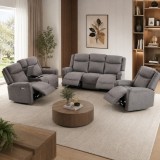 Set canapele recliner electrice 3 piese, 6 locuri, consola centrala, gri deschis
