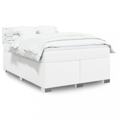 vidaXL Pat box spring cu saltea, alb, 140x200 cm, piele ecologică 3288425 foto