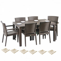 Set Mobilier Gradina Matarani Masa Wood 90X150X75Cm 6 Scaune Paris Rattan 6 Perne Scaun, Hascevher, B004068-42306-42332, Cafea foto