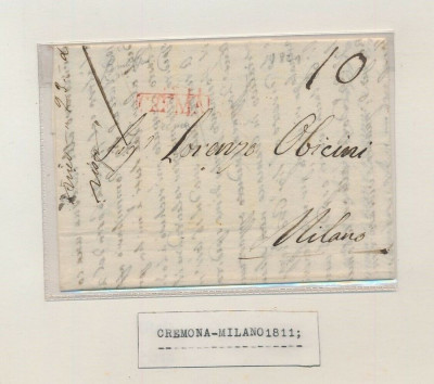 Italy 1811 Postal History Rare Stampless Cover + Content Cremona to Milan DG.012 foto