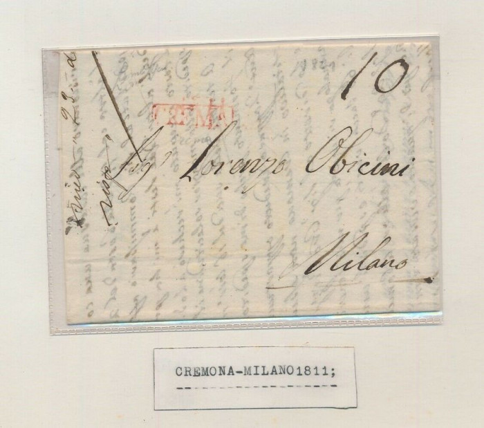 Italy 1811 Postal History Rare Stampless Cover + Content Cremona to Milan DG.012