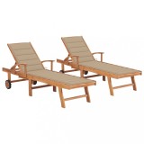 Set 2 Șezlonguri vidaXL Lemn Tec, Perna Bej, Spatar Reglabil, 195cm