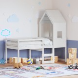 vidaXL Pat &icirc;nalt cu acoperiș, alb, 90x200 cm, lemn masiv de pin