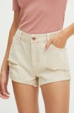 Medicine pantaloni scurti jeans femei, culoarea bej, neted, high waist