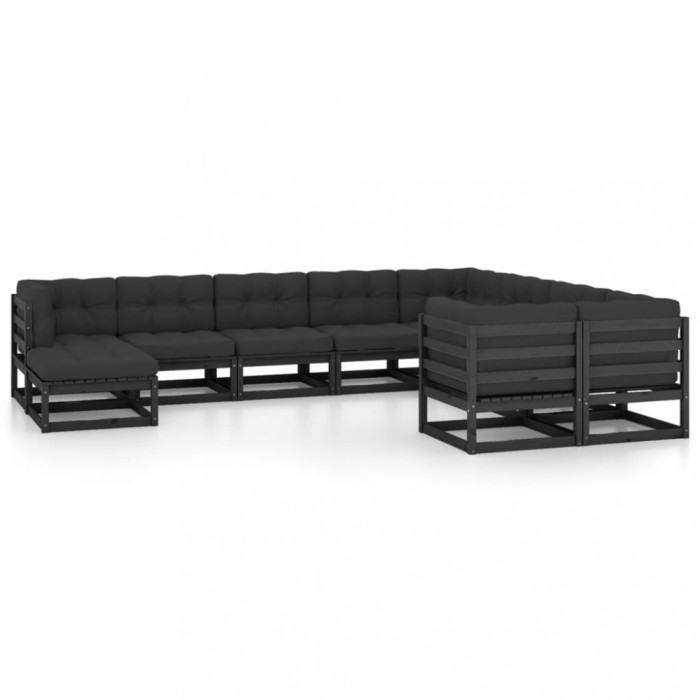 vidaXL Set mobilier grădină cu perne, 10 piese, negru, lemn masiv pin 3077078