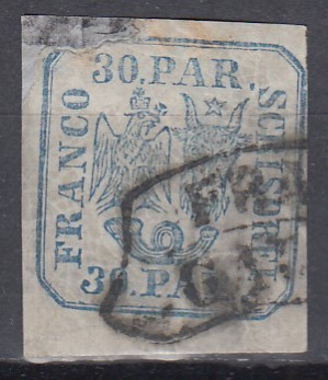 ROMANIA 1862 LP 10 PRINCIPATELE UNITE EMISIUNEA I TIPAR DE MANA 30 PARALE ALBASTRU/FRAGMENT STAMPILAT FRANCO GALATI POINCON