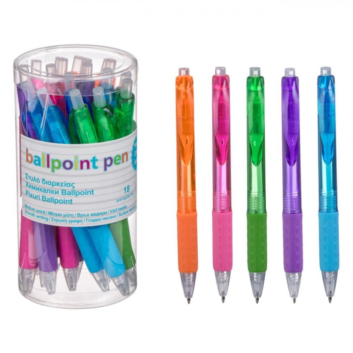 Set Pixuri Ballpoint, Multicolor, 18 Bucăți, Corp Transparent