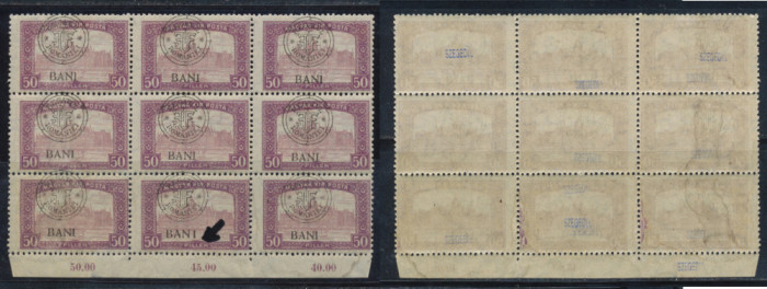Emisiunea Cluj 1919 Parlament 50 BANI eroare BAN I intr-un bloc 9 timbre MNH