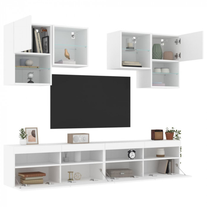 vidaXL Set comode TV de perete, 6 piese, cu lumini LED, alb