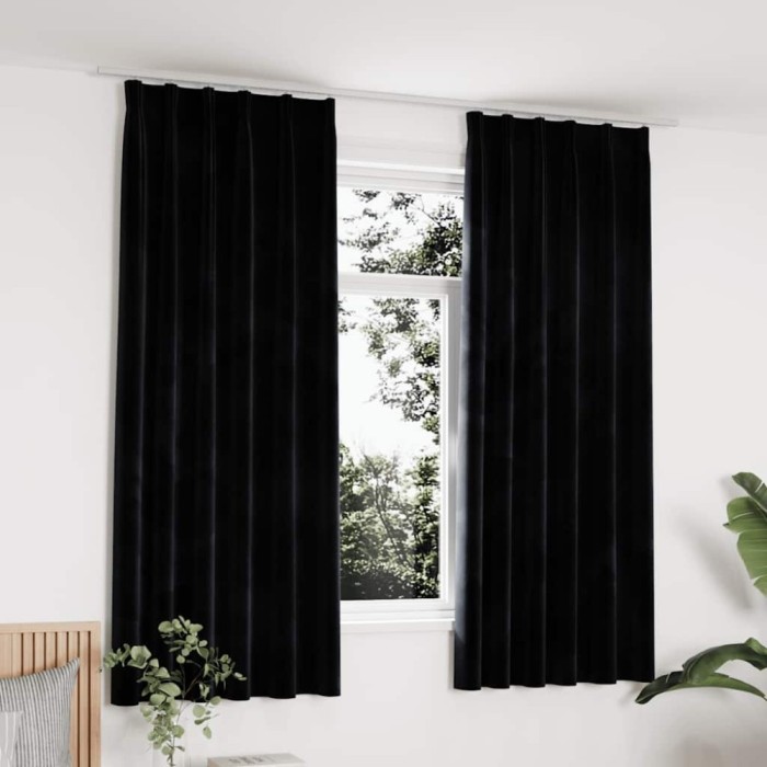 Draperii opace cu c&acirc;rlige, 2 buc., negru, 140x175 cm, catifea