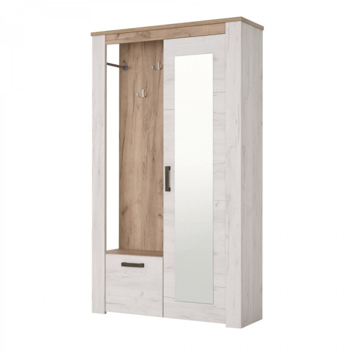 Cuier hol IMK cu 7 agatatori, oglinda, dulap si comoda, stejar alb + stejar gri, 1140 x 365 x 1950 mm