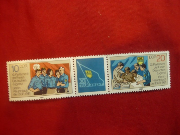 Straif 1981 DDR -Aniversare Parlament si Tinerii germani ,2 val. si vigneta