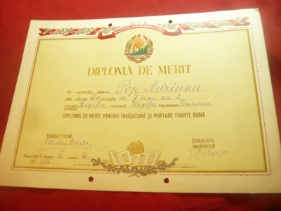 Diploma de Merit ,pe carton ,-Scoala nr.4 Resita 1954 semnata de Coriolan Cocora foto