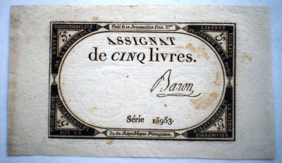 13. FRANTA REPUBLICA ASIGNAT 5 CINQ LIVRES BARON L&amp;#039;AN 2 1793/1794 SR. 15953 foto